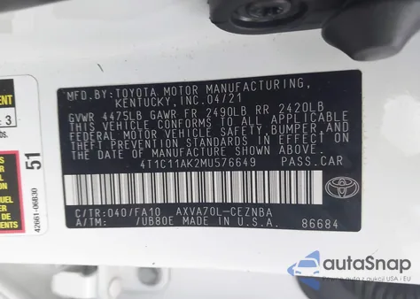 2021 Toyota Camry Le из США, поврежденный, VIN 4T1C11AK2MU576649